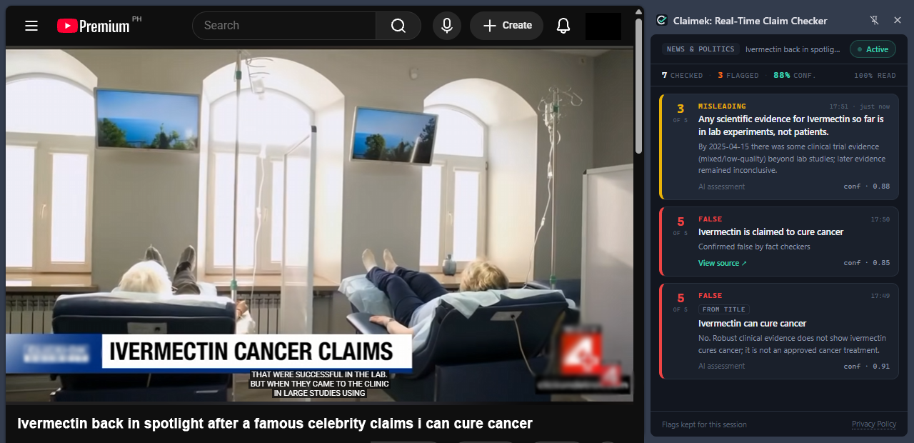 Claimek's side panel open beside a YouTube news video, flagging the claim that ivermectin cures cancer as false and linking to the fact-check.